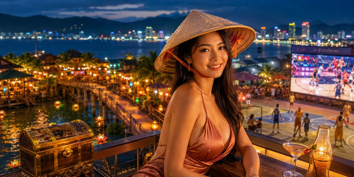 Bối cảnh Nha Trang với bóng rổ và nón lá dành cho người dùng Việt
